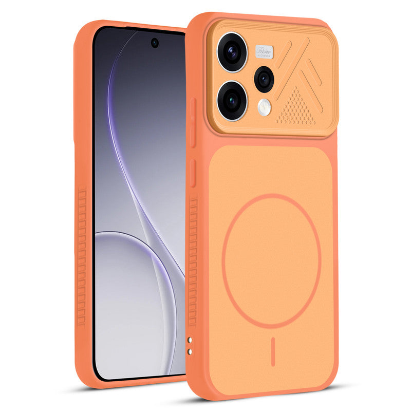 Front and back view of Orange protective back cover for Oppo Reno 15 5G with textured sides, camera guard and slim fit design.