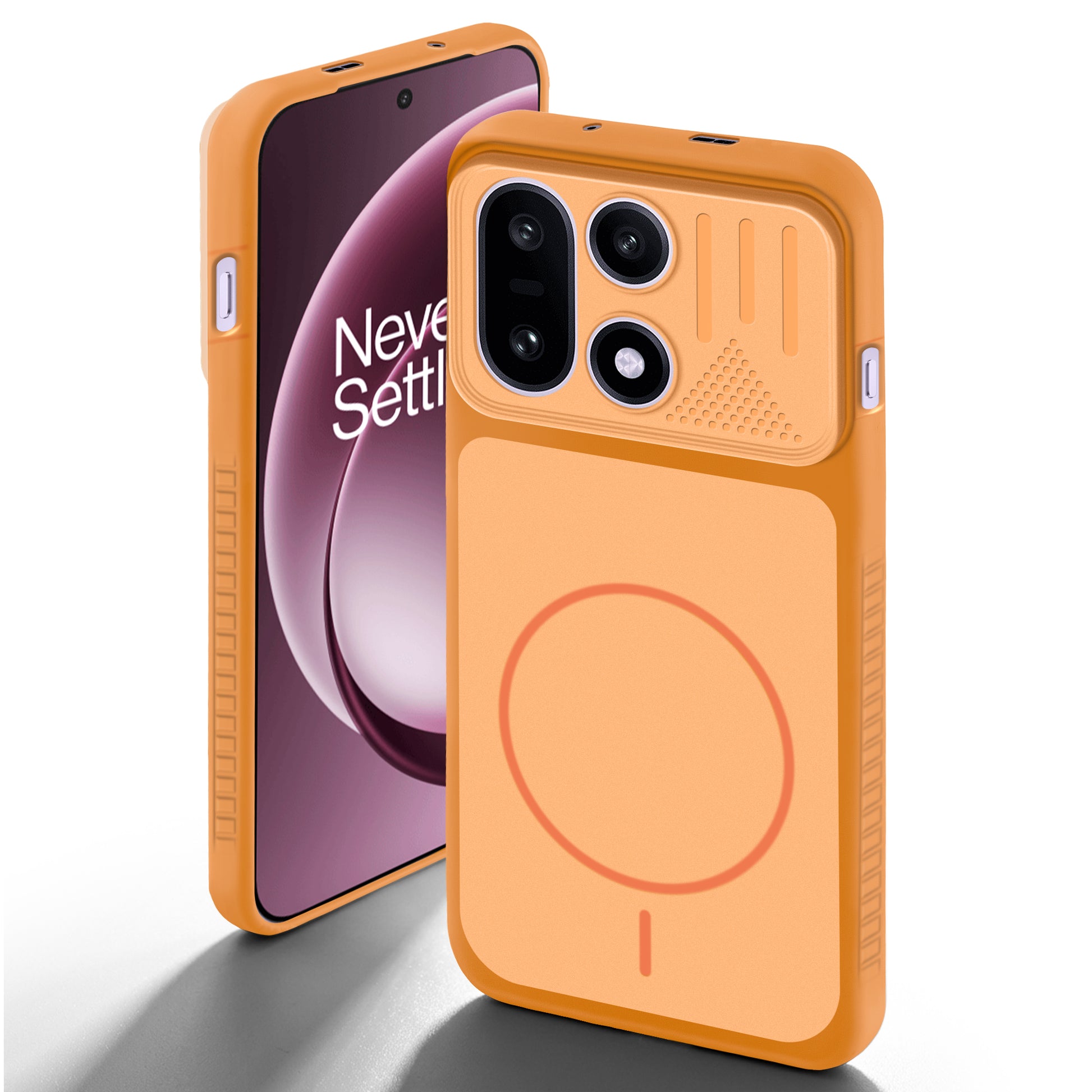 Orange back cover for OnePlus 15 5G with camera cut protection and ring design on back side.