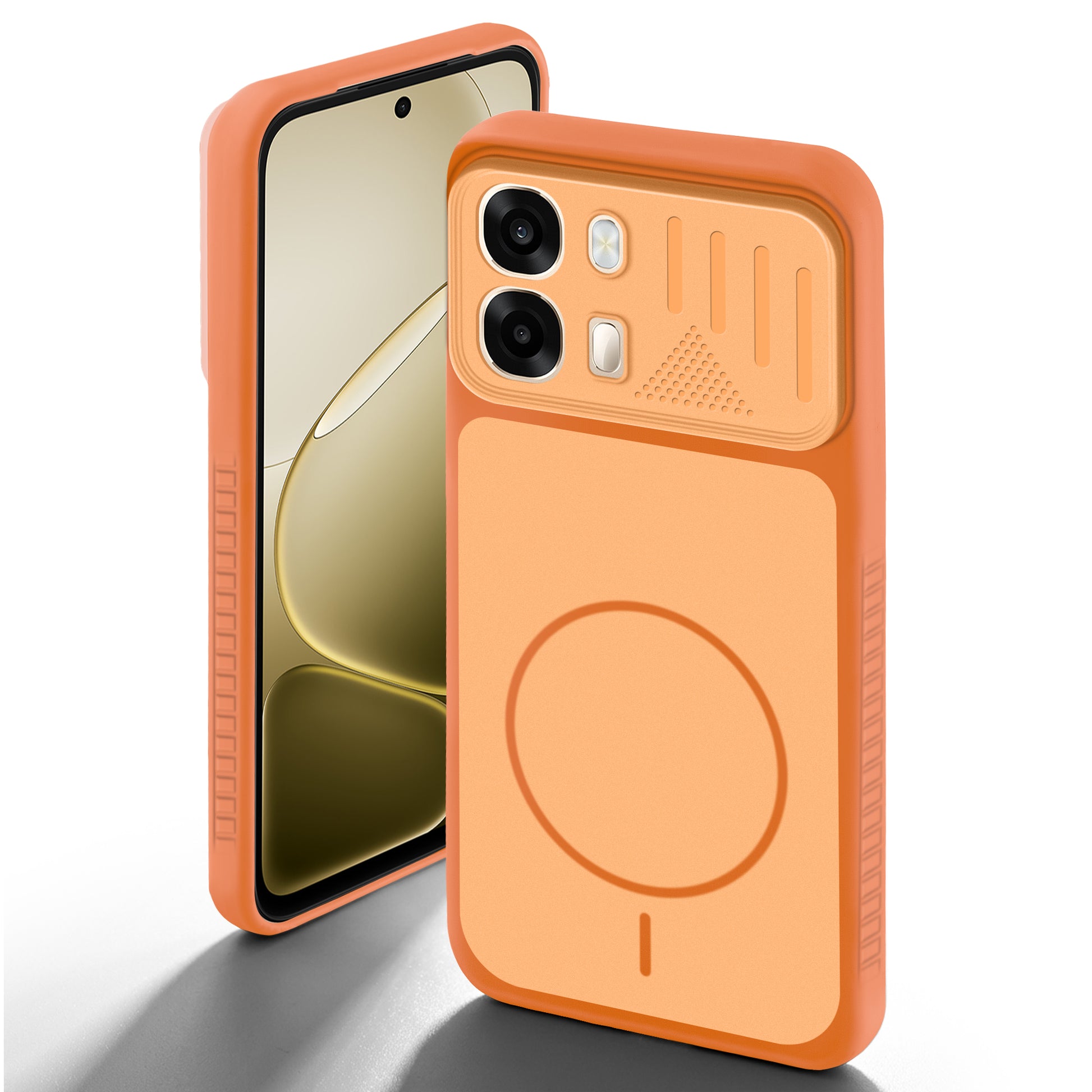 Orange back cover for Oppo A6 Pro 5G with camera cut protection and ring design on back side.