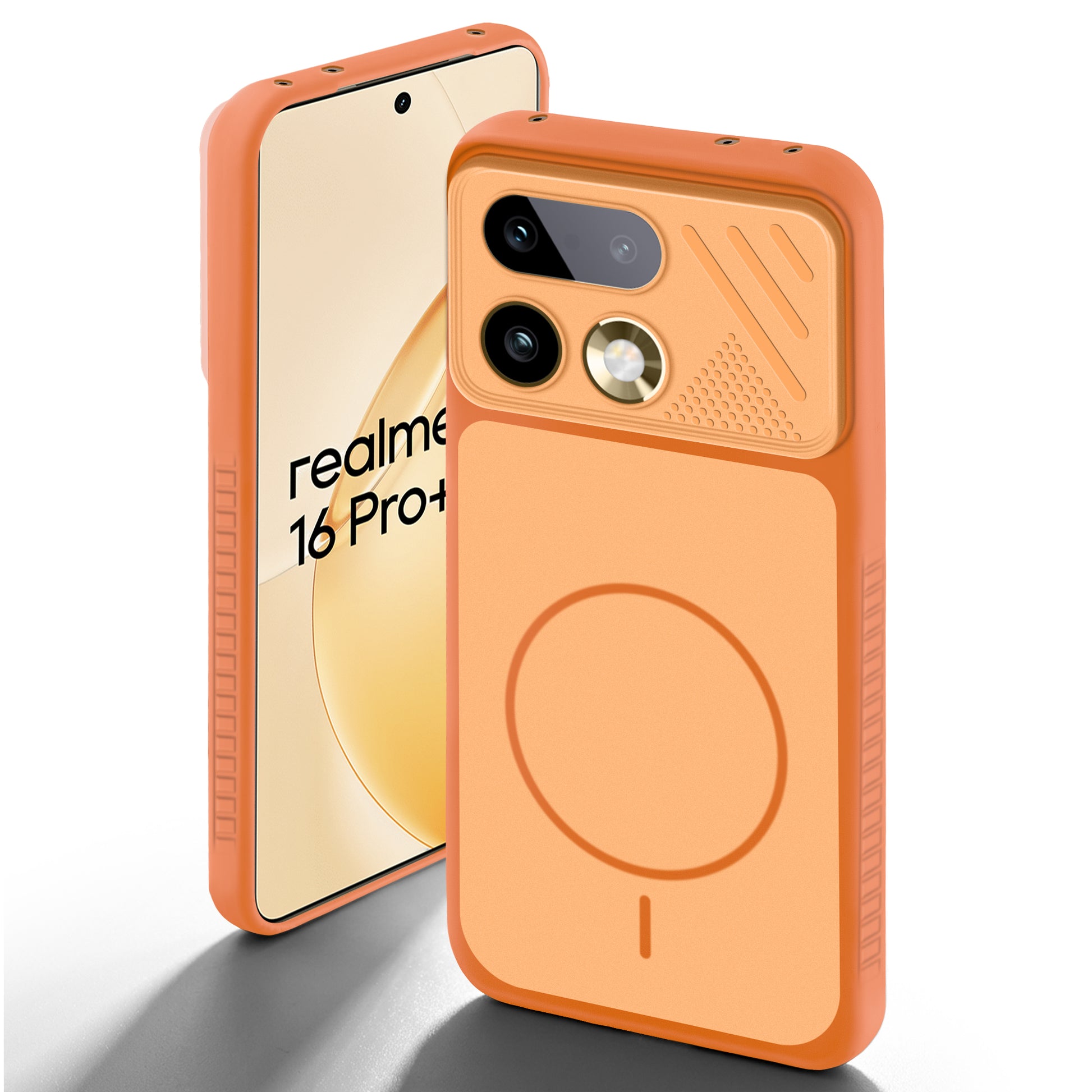 Orange back cover for Realme 16 Pro Plus 5G with camera cut protection and ring design on back side.
