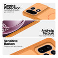 Orange phone case for OnePlus 15 5G showing camera safety edges, anti slip side grip and easy press button covers.