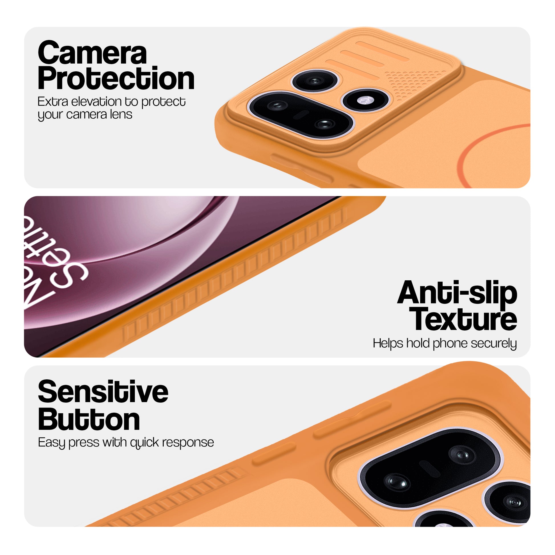 Orange phone case for OnePlus 15 5G showing camera safety edges, anti slip side grip and easy press button covers.