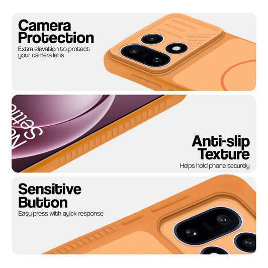 Orange phone case for OnePlus 15 5G showing camera safety edges, anti slip side grip and easy press button covers.