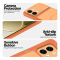 Orange phone case for Oppo A6 Pro 5G showing camera safety edges, anti slip side grip and easy press button covers.