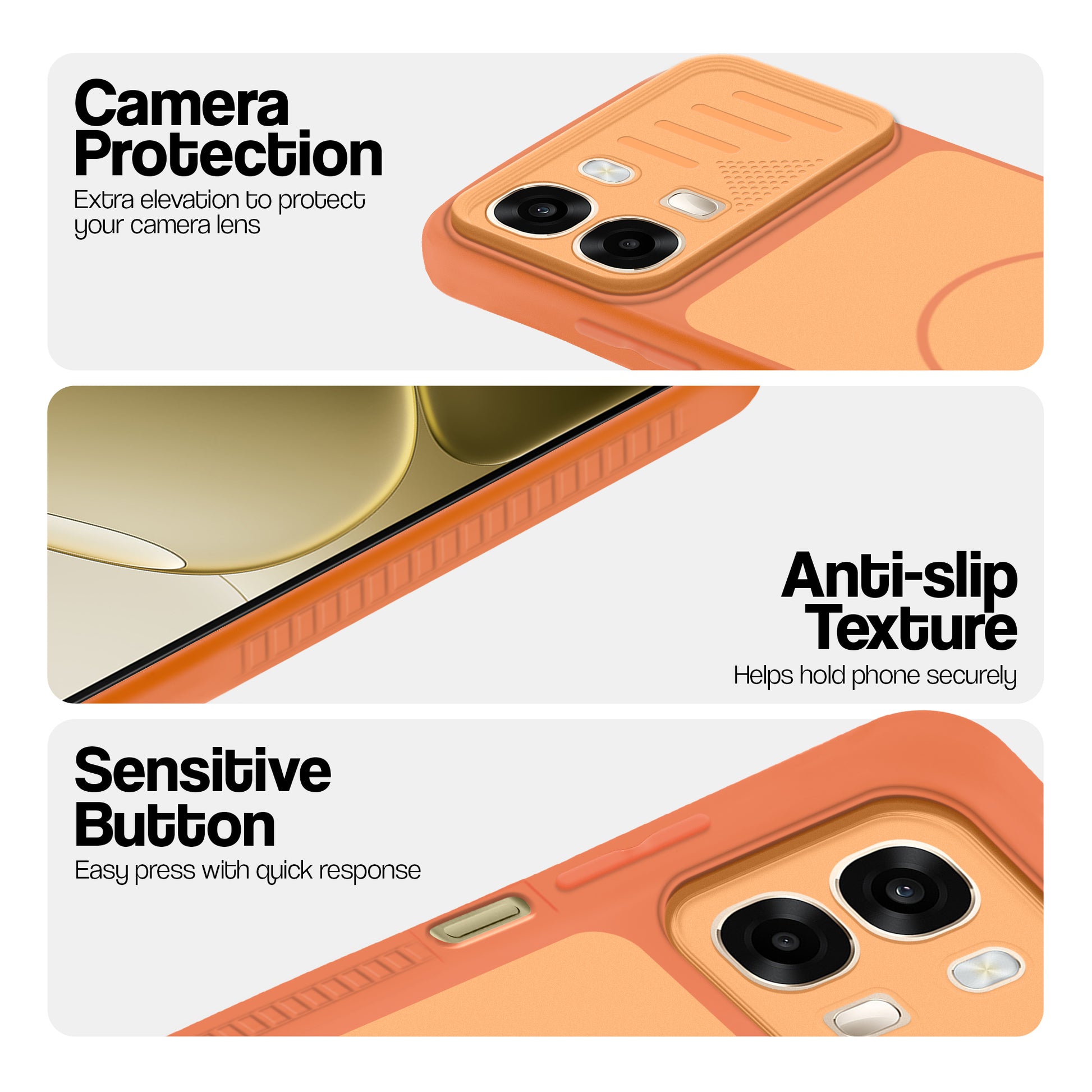 Orange phone case for Oppo A6 Pro 5G showing camera safety edges, anti slip side grip and easy press button covers.