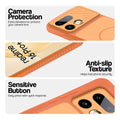 Orange phone case for Realme 16 Pro Plus 5G showing camera safety edges, anti slip side grip and easy press button covers.