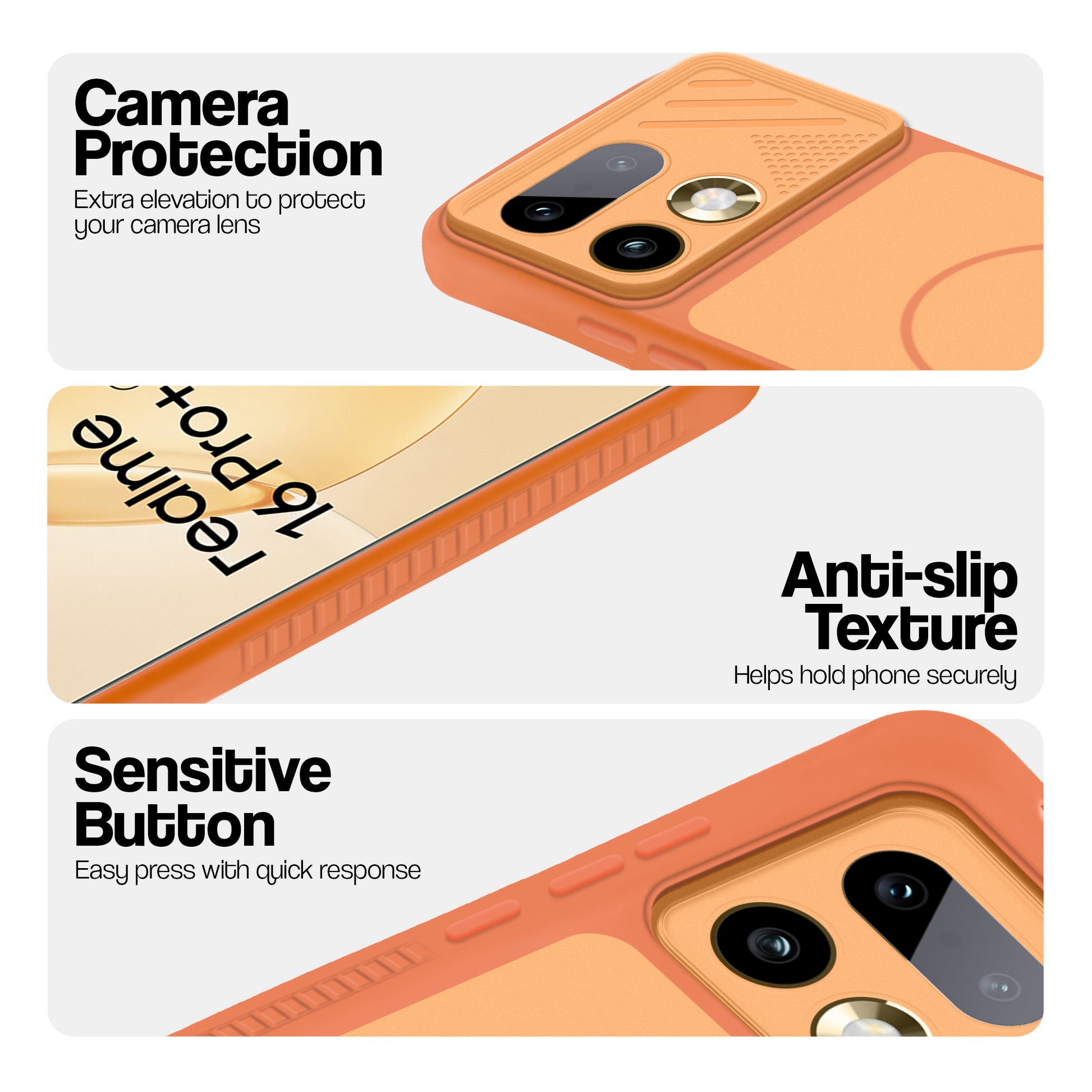 Orange phone case for Realme 16 Pro Plus 5G showing camera safety edges, anti slip side grip and easy press button covers.
