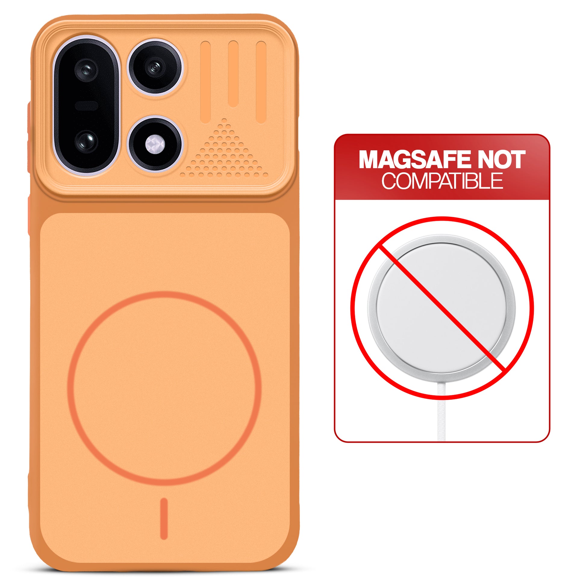 Orange back cover for OnePlus 15 5G with printed ring pattern and message showing not compatible with MagSafe charging.