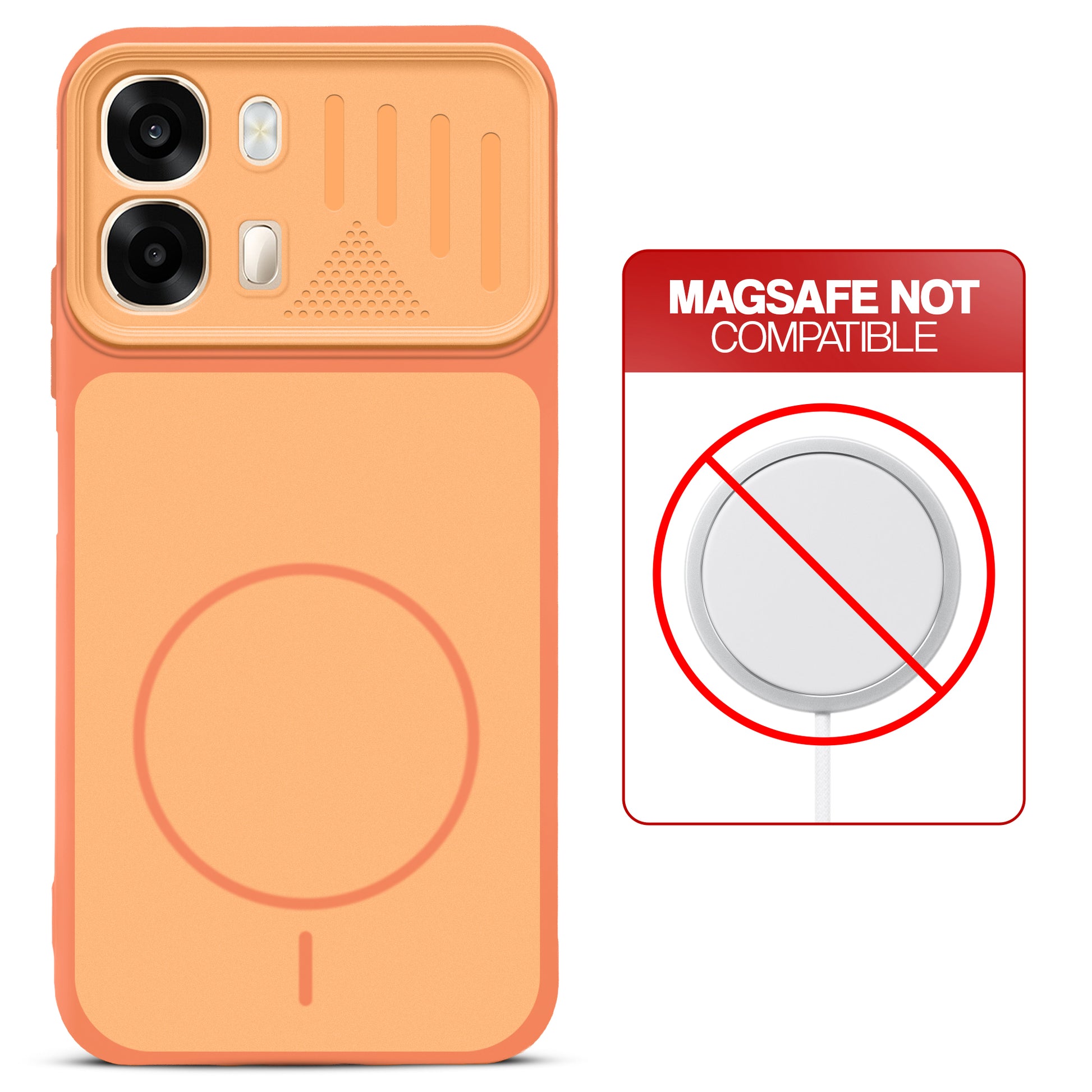 Orange back cover for Oppo A6 Pro 5G with printed ring pattern and message showing not compatible with MagSafe charging.