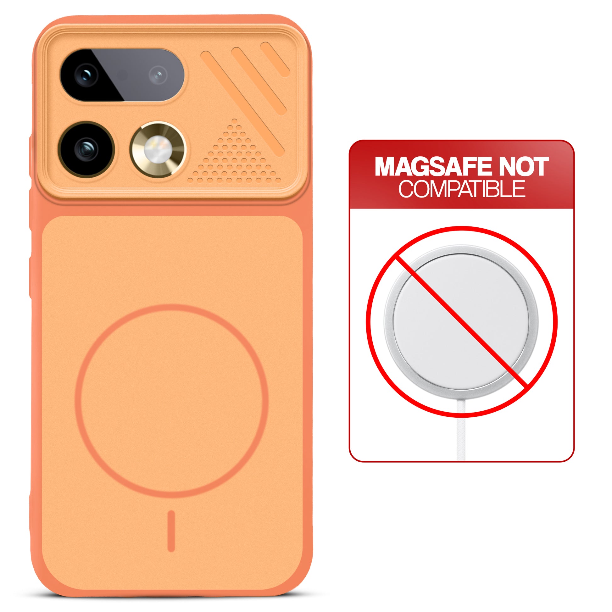 Orange back cover for Realme 16 Pro Plus 5G with printed ring pattern and message showing not compatible with MagSafe charging.