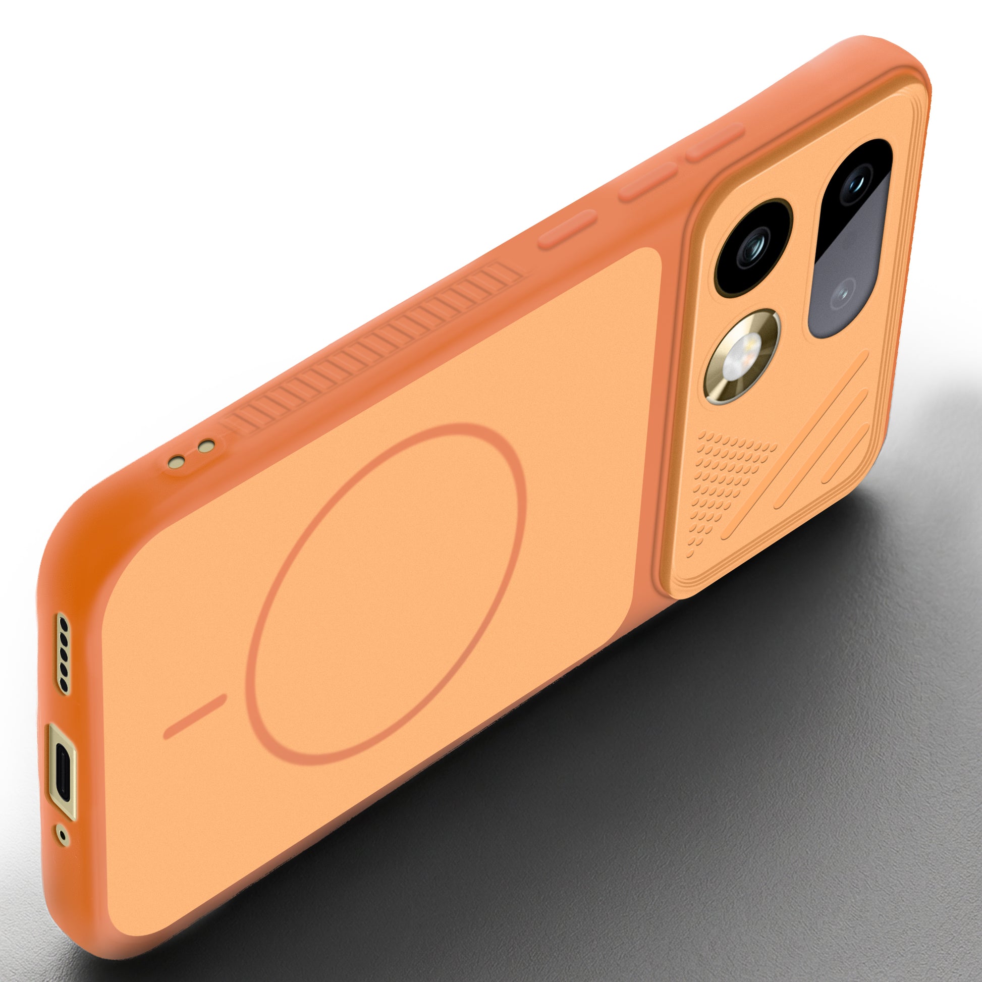 Angled view of Orange mobile case for Realme 16 Pro Plus 5G with proper charging port cutout, speaker holes and strong corner protection.