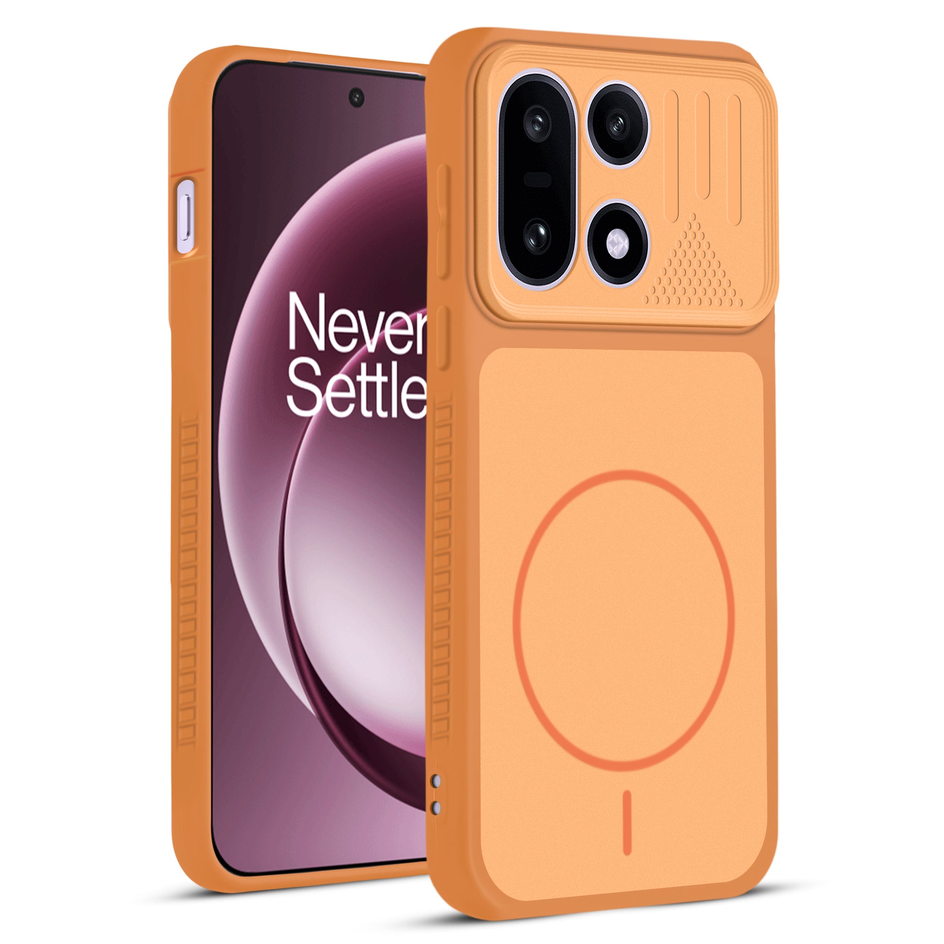 Front and back view of Orange protective back cover for OnePlus 15 5G with textured sides, camera guard and slim fit design.