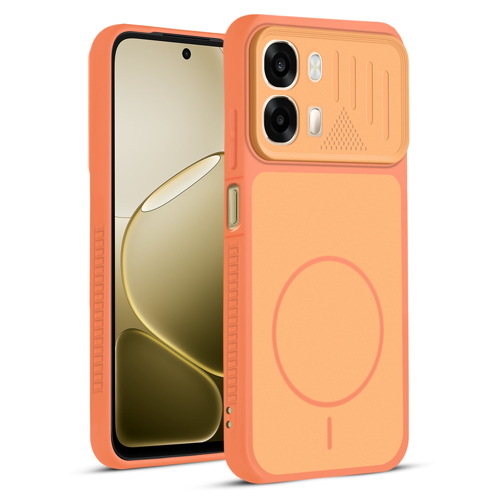 Front and back view of Orange protective back cover for Oppo A6 Pro 5G with textured sides, camera guard and slim fit design.