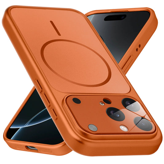 Premium orange converter back cover for iPhone 16 Pro Max showing the back with magnetic ring, full camera protection, and an iPhone 17–style design.
