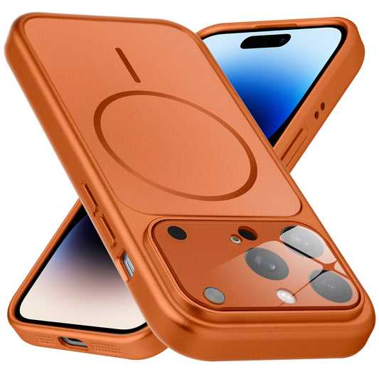 Premium orange converter back cover for iPhone 14 Pro Max showing the back with magnetic ring, full camera protection, and an iPhone 17–style design.
