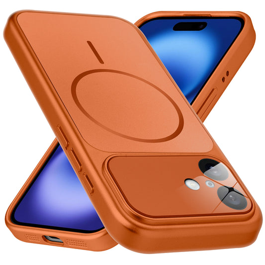 Premium orange converter back cover for iPhone 16 showing the back with magnetic ring, full camera protection, and an iPhone 17–style design.