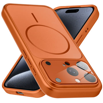 Premium orange converter back cover for iPhone 15 Pro showing the back with magnetic ring, full camera protection, and an iPhone 17–style design.
