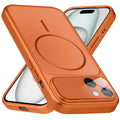 Premium orange converter back cover for iPhone 15 showing the back with magnetic ring, full camera protection, and an iPhone 17–style design.
