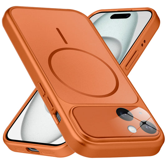 Premium orange converter back cover for iPhone 15 showing the back with magnetic ring, full camera protection, and an iPhone 17–style design.