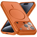 Premium orange converter back cover for iPhone 15 Pro Max showing the back with magnetic ring, full camera protection, and an iPhone 17–style design.
