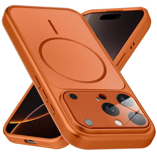 Premium orange converter back cover for iPhone 16 Pro showing the back with magnetic ring, full camera protection, and an iPhone 17–style design.