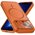 Premium orange converter back cover for iPhone 13 Pro showing the back with magnetic ring, full camera protection, and an iPhone 17–style design.