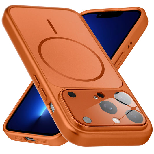 Premium orange converter back cover for iPhone 13 Pro showing the back with magnetic ring, full camera protection, and an iPhone 17–style design.