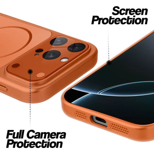 Orange MagSafe back cover for iPhone 16 Pro Max showing raised edges for full camera protection and screen protection.