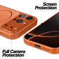 Orange MagSafe back cover for iPhone 16 Pro showing raised edges for full camera protection and screen protection.