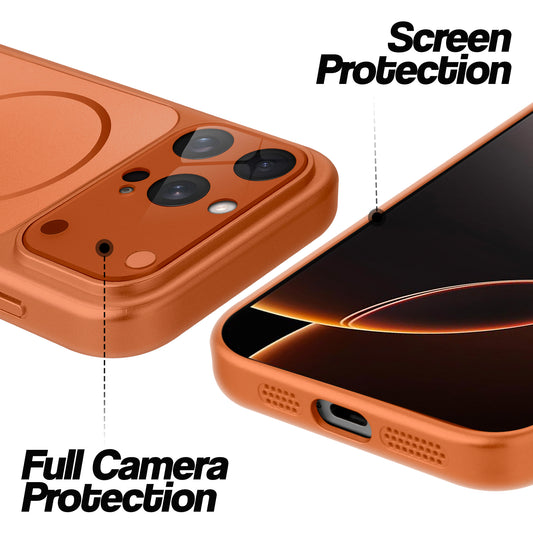 Orange MagSafe back cover for iPhone 16 Pro showing raised edges for full camera protection and screen protection.
