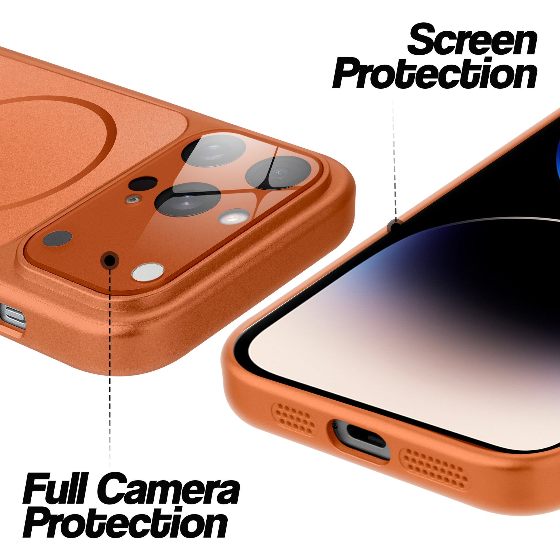 Orange MagSafe back cover for iPhone 14 Pro Max showing raised edges for full camera protection and screen protection.