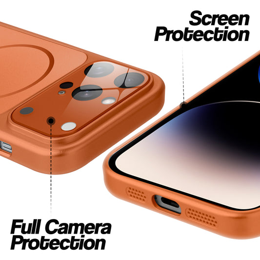 Orange MagSafe back cover for iPhone 14 Pro Max showing raised edges for full camera protection and screen protection.