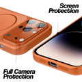 Orange MagSafe back cover for iPhone 14 Pro showing raised edges for full camera protection and screen protection.