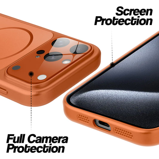 Orange MagSafe back cover for iPhone 15 Pro showing raised edges for full camera protection and screen protection.
