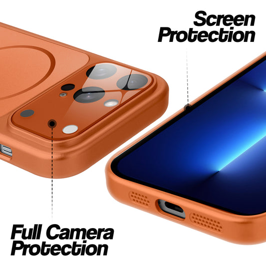 Orange MagSafe back cover for iPhone 13 Pro showing raised edges for full camera protection and screen protection.