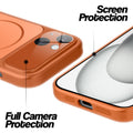 Orange MagSafe back cover for iPhone 15 showing raised edges for full camera protection and screen protection.