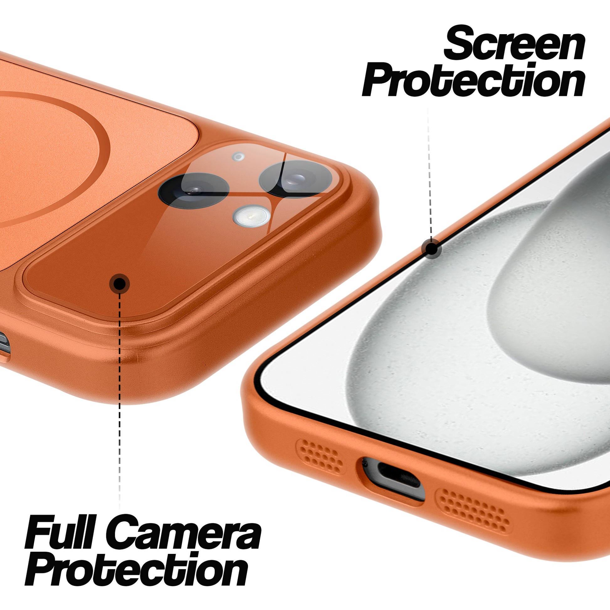 Orange MagSafe back cover for iPhone 15 showing raised edges for full camera protection and screen protection.