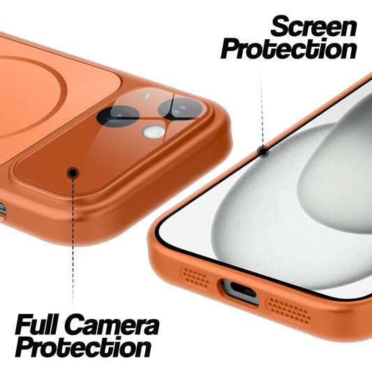 Orange MagSafe back cover for iPhone 15 showing raised edges for full camera protection and screen protection.
