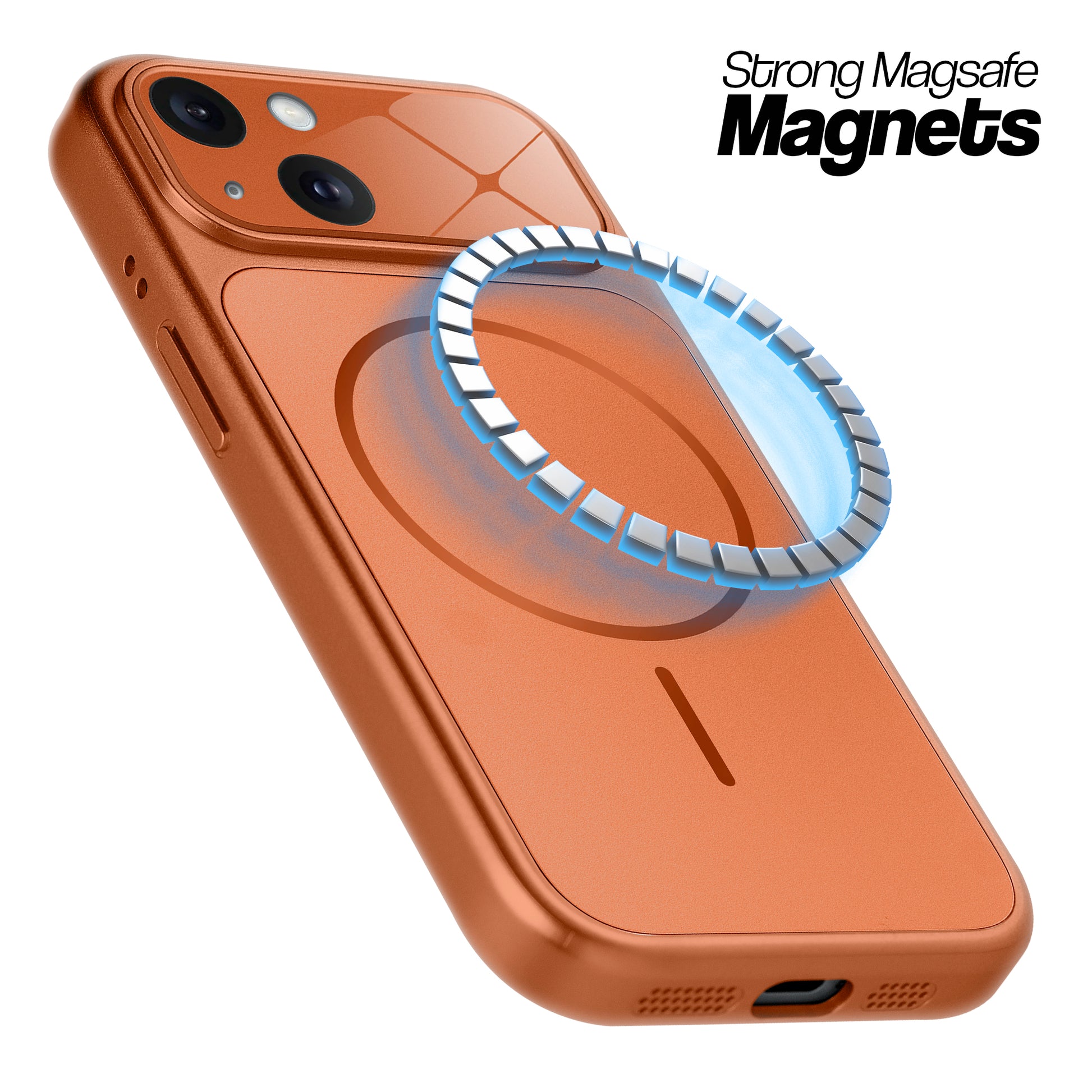 Orange MagSafe compatible back cover for iPhone 15 showing strong magnetic ring for secure MagSafe attachment.