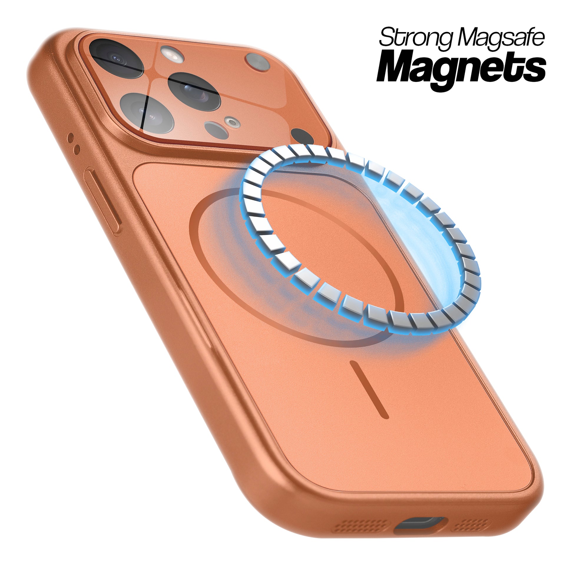 Orange MagSafe compatible back cover for iPhone 13 Pro Max showing strong magnetic ring for secure MagSafe attachment.