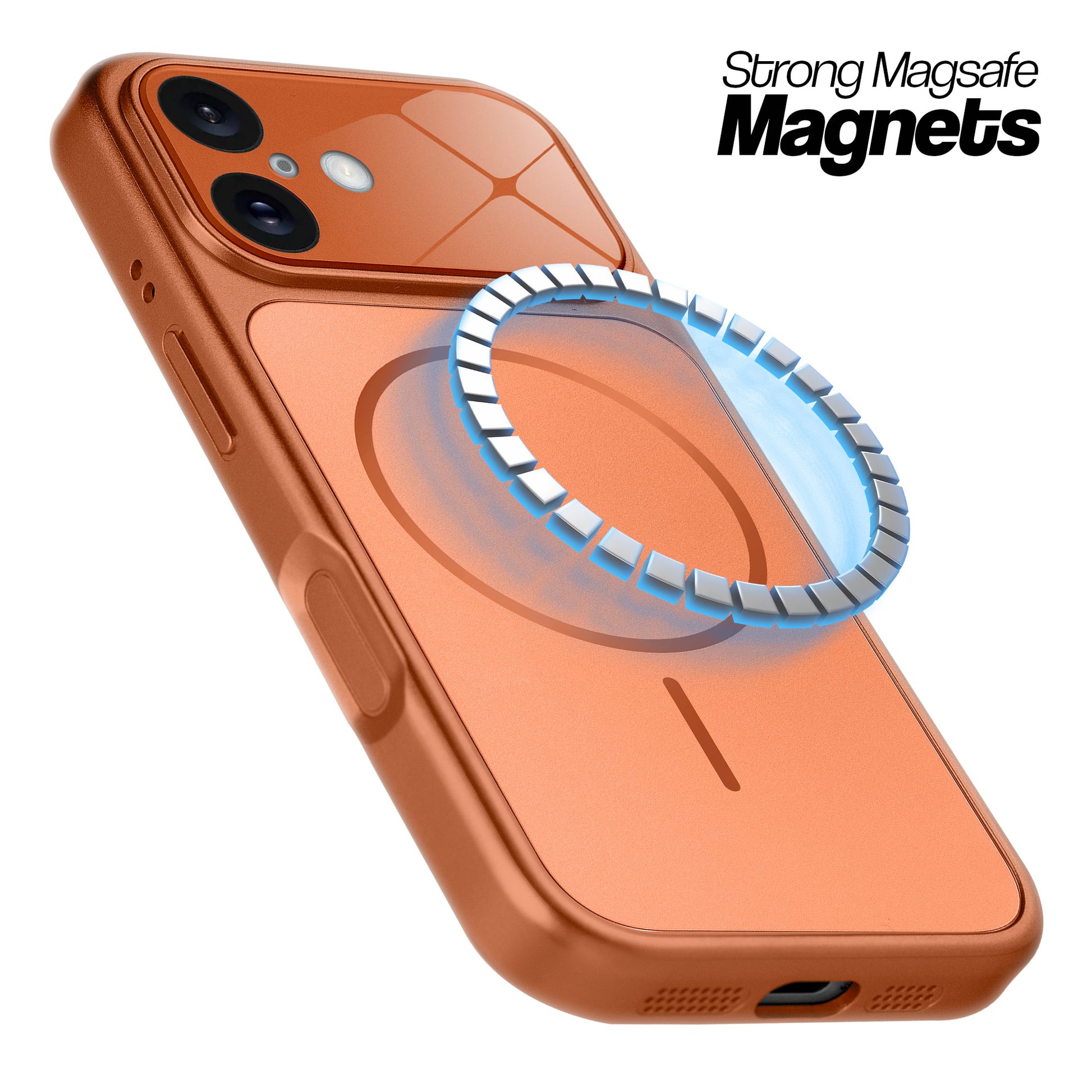 Back view of orange MagSafe back cover for iPhone 16 highlighting magnetic ring design and camera protection.