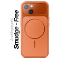 Anti-fingerprint smudge-free orange MagSafe back cover for iPhone 15 with matte finish.