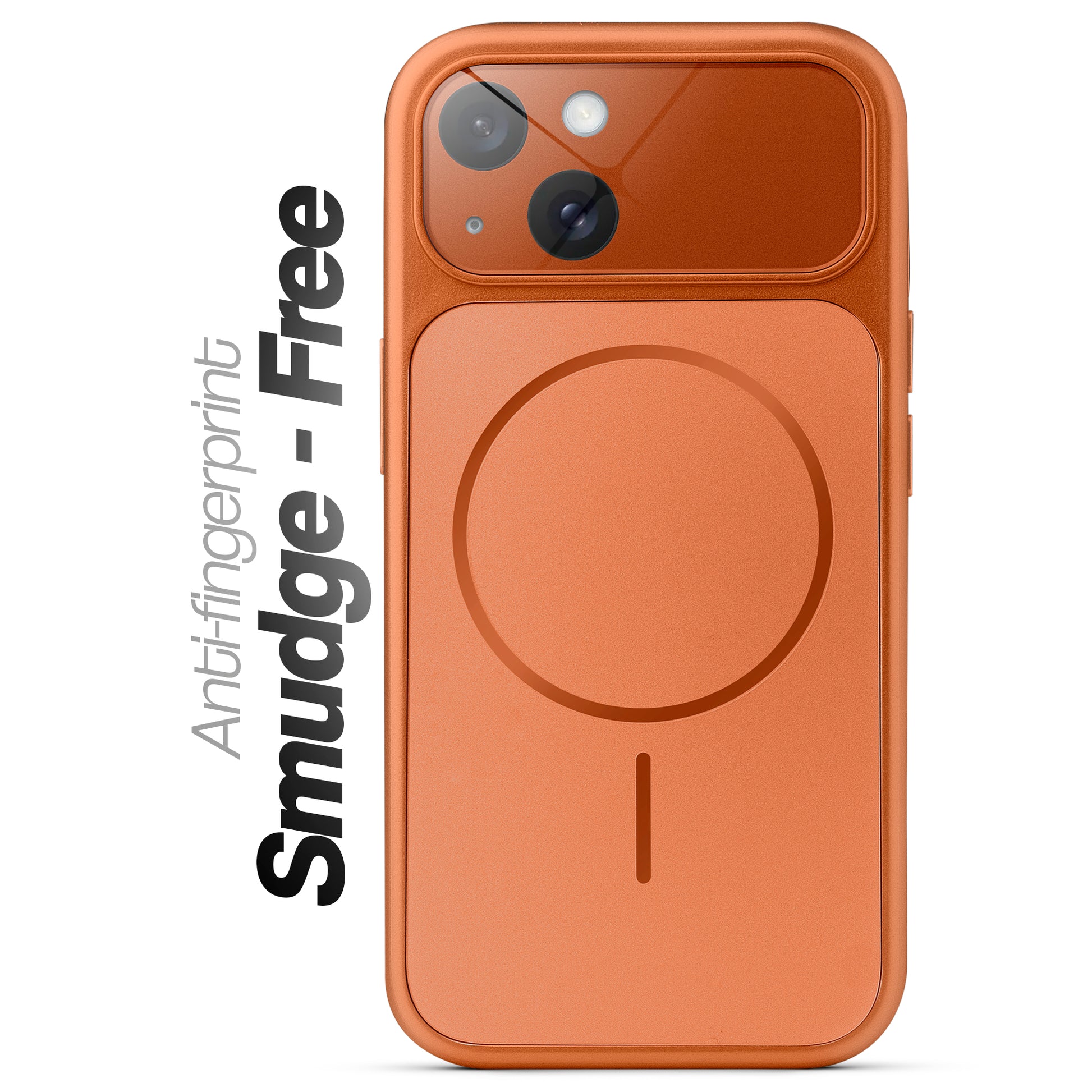 Anti-fingerprint smudge-free orange MagSafe back cover for iPhone 15 with matte finish.