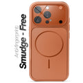 Anti-fingerprint smudge-free orange MagSafe back cover for iPhone 15 Pro Max with matte finish.
