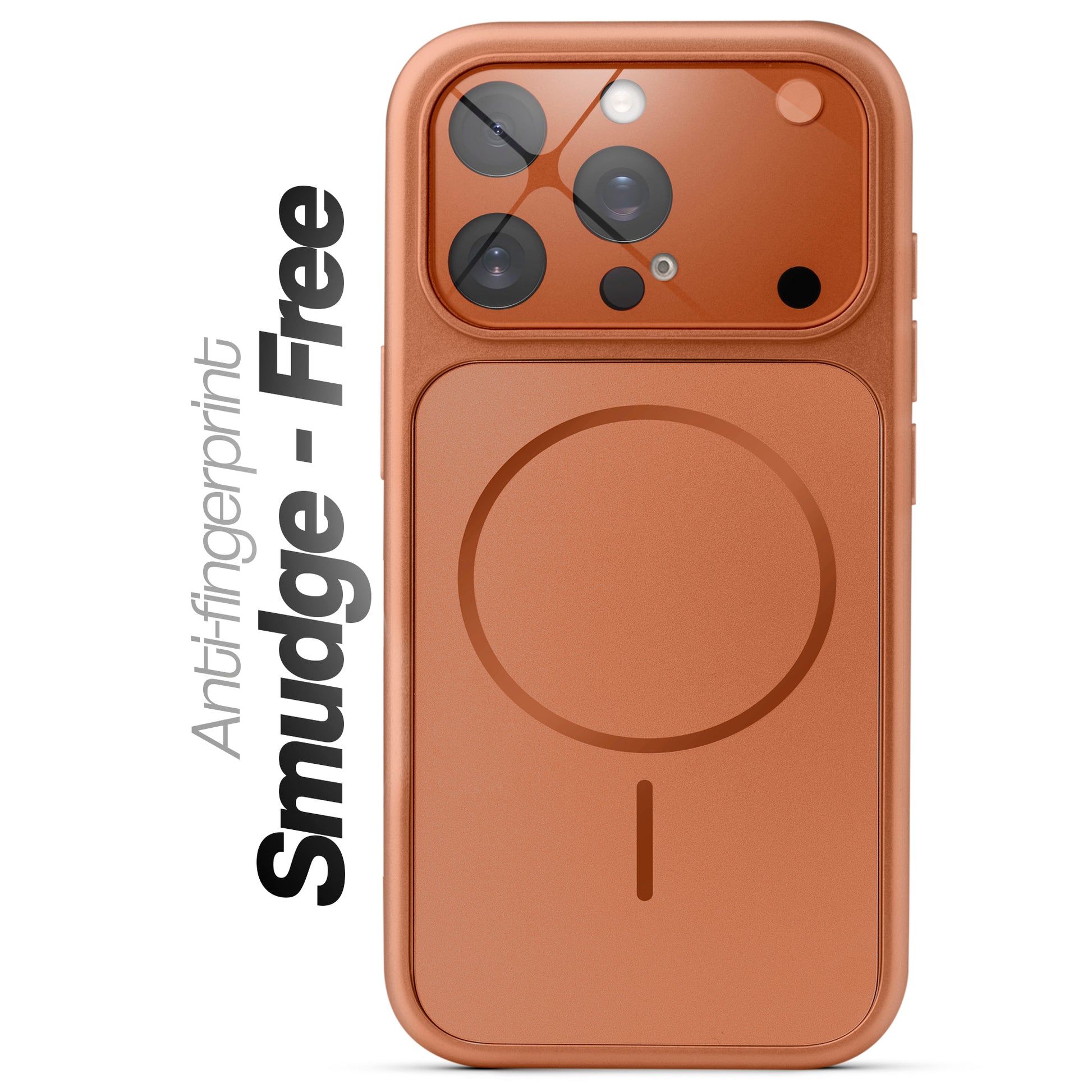 Anti-fingerprint smudge-free orange MagSafe back cover for iPhone 15 Pro with matte finish.