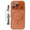 Anti-fingerprint smudge-free orange MagSafe back cover for iPhone 16 Pro with matte finish.