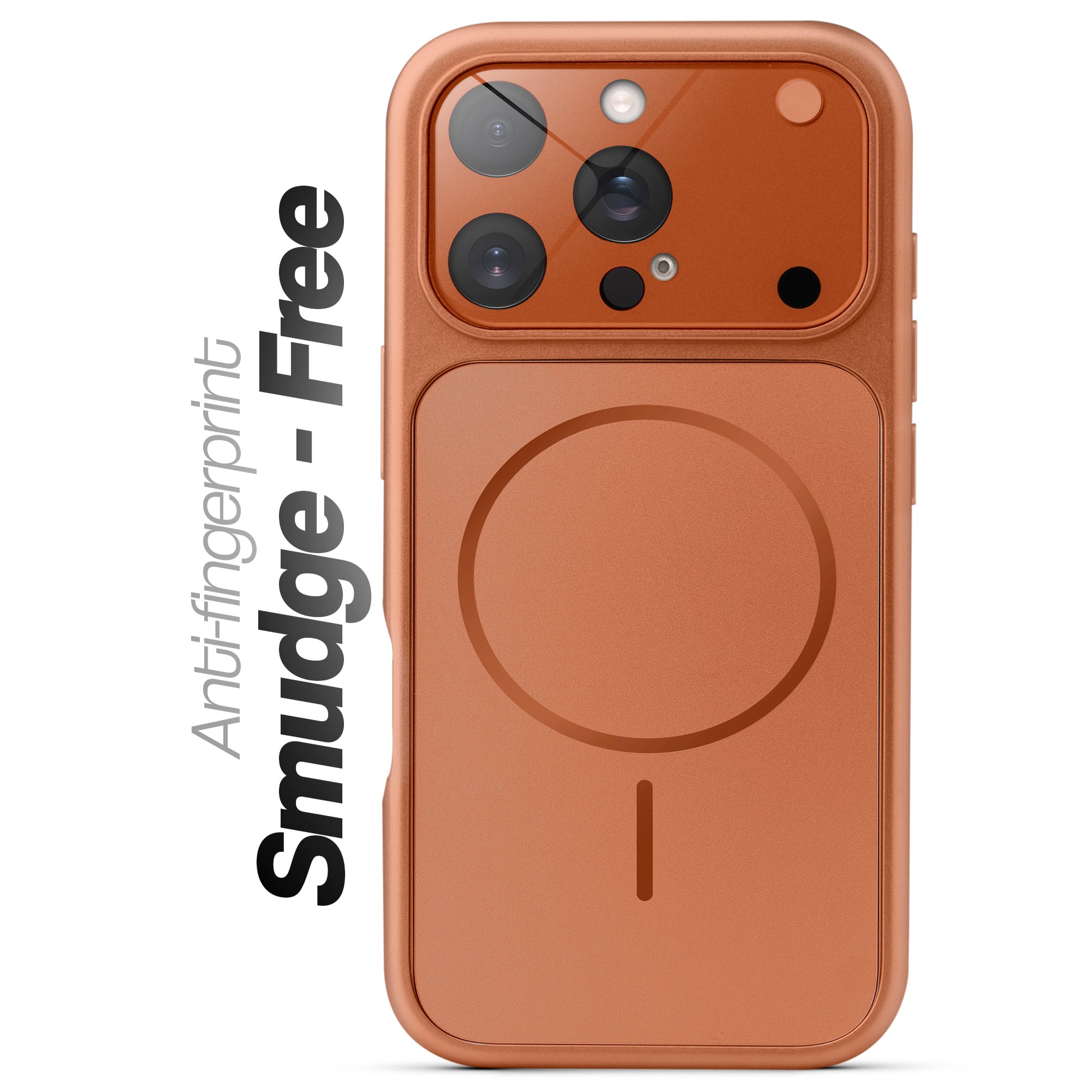 Anti-fingerprint smudge-free orange MagSafe back cover for iPhone 16 Pro with matte finish.