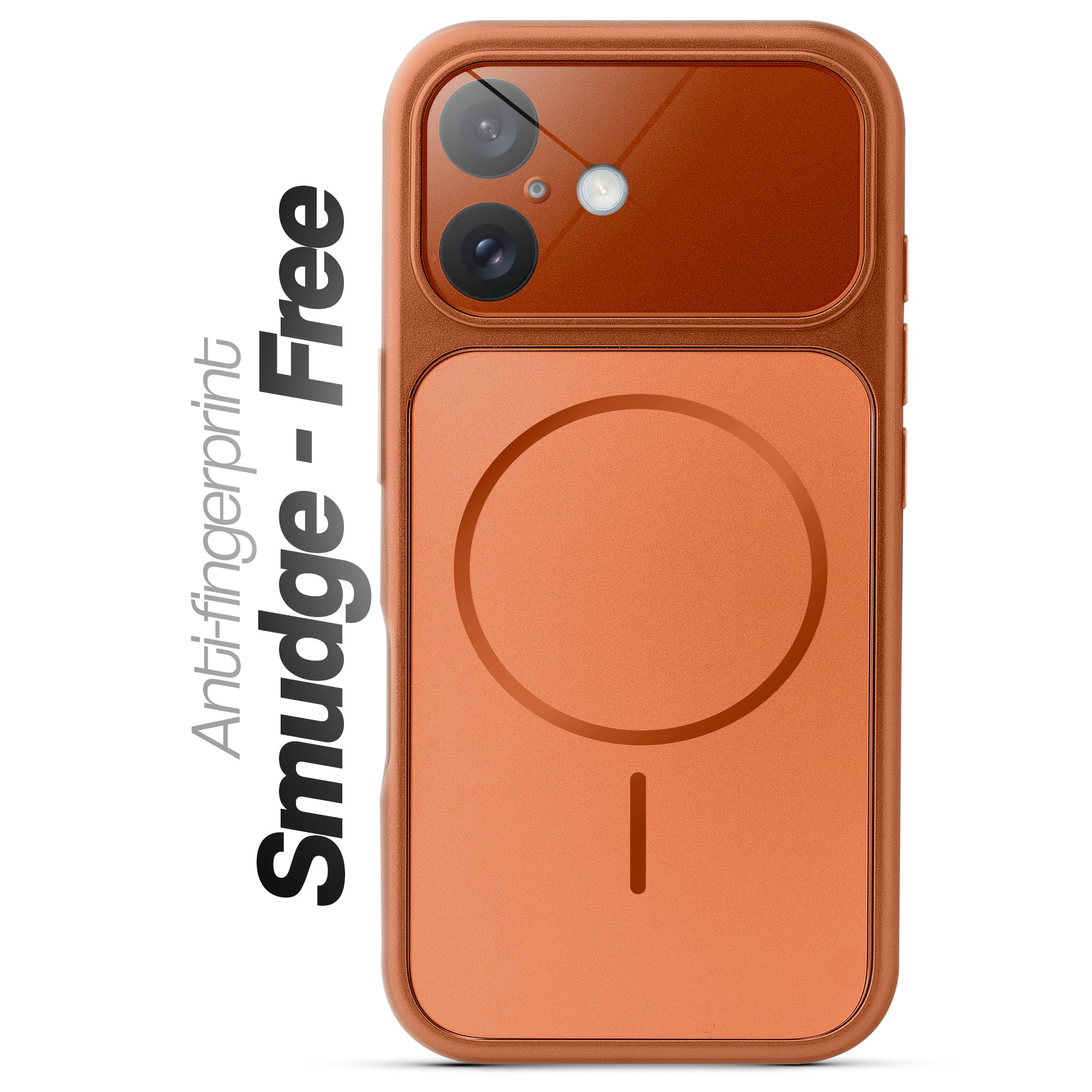 Orange MagSafe compatible back cover for iPhone 16 showing strong magnetic ring for secure MagSafe attachment.