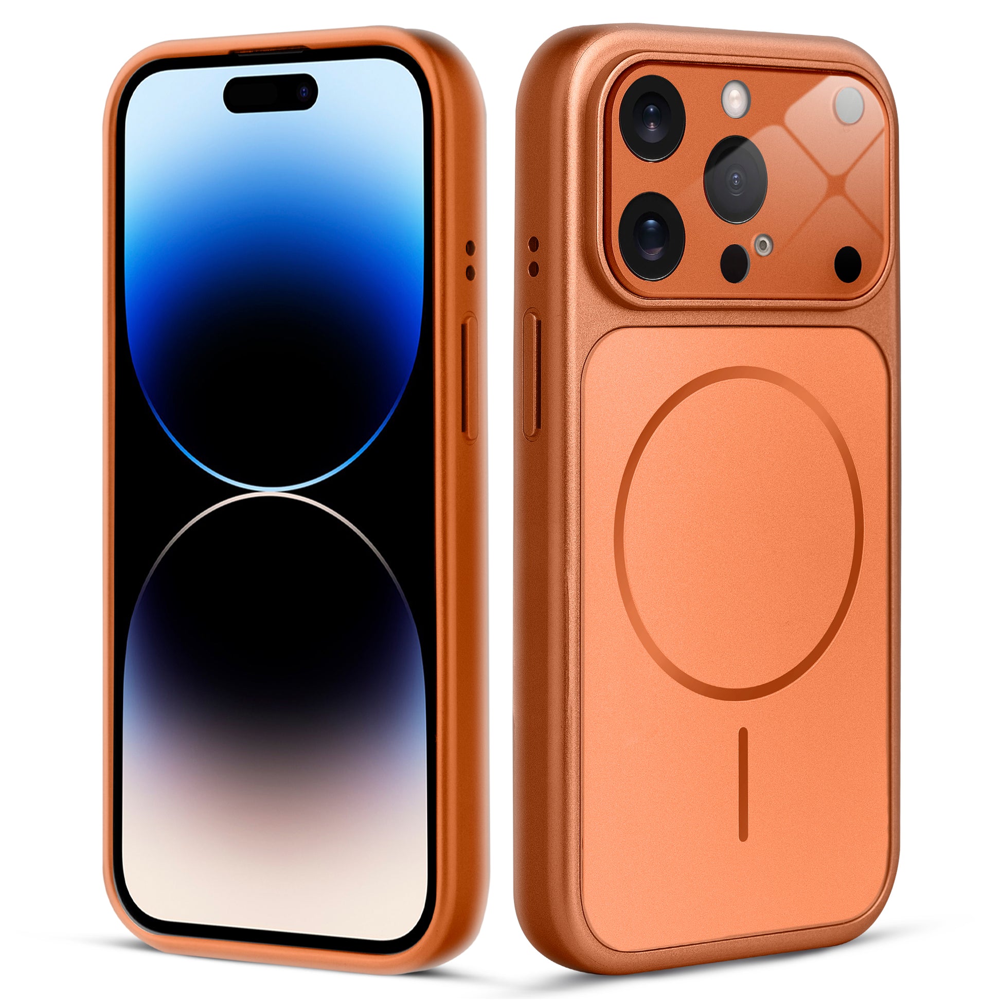 Front and back view of orange MagSafe back cover fitted on iPhone 14 Pro Max showing slim profile and precise cutouts.
