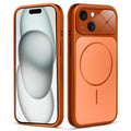 Front and back view of orange MagSafe back cover fitted on iPhone 15 showing slim profile and precise cutouts.